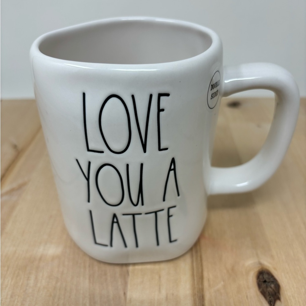 Rae Dunn LOVE YOU A LATTE Mug Ceramic Double Sided Black Lettering New - Picture 1 of 4